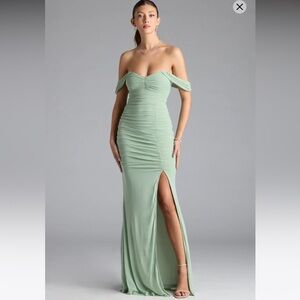 Light sage green off the shoulder long formal dress